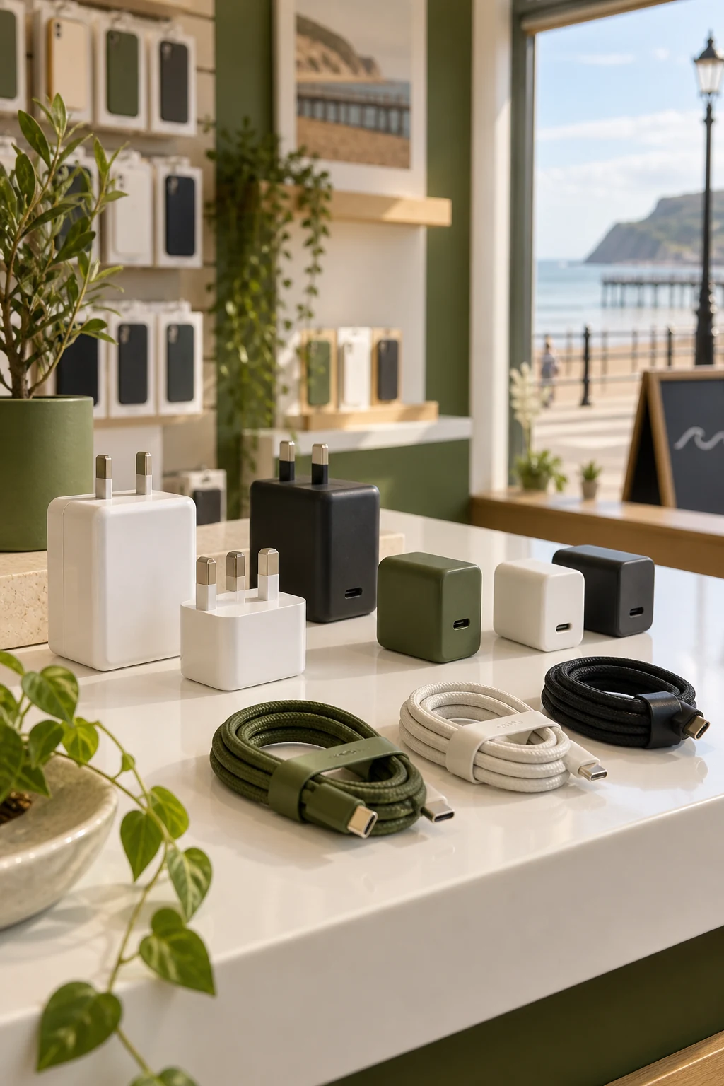 Phone chargers and USB-C cables on a shop counter