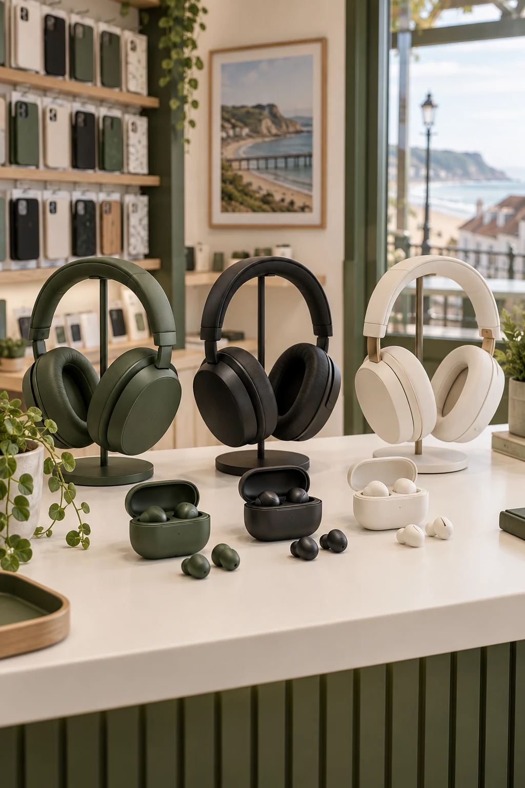 Wireless headphones and earbuds displayed in an independent shop