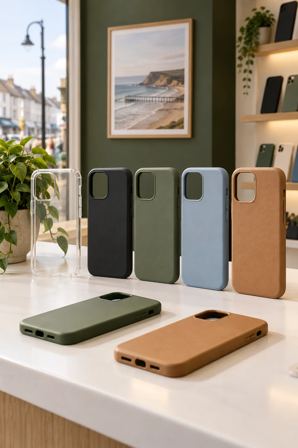Modern phone cases displayed in an independent shop