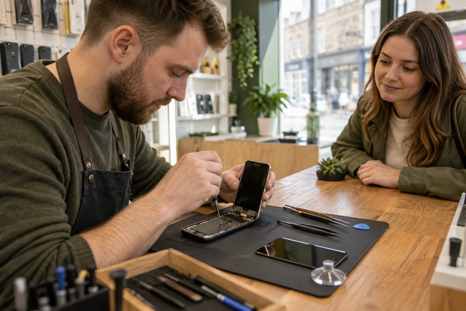 Technician repairing a smartphone at an independent phone shop